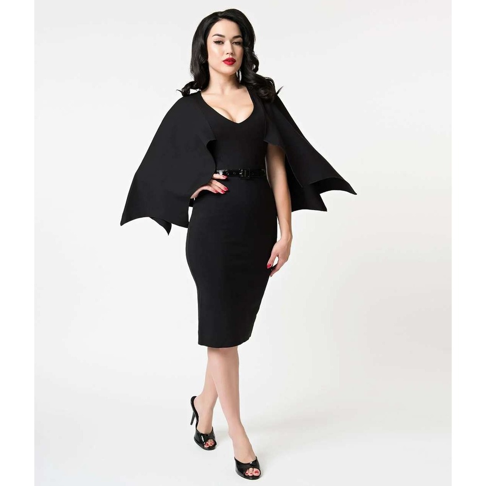 Retrolicious Creature of the Night Dress Womens L Black Gothic Wing Witch Wiggle